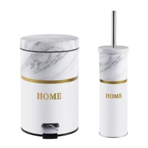 פח אשפה+מברשת עיצוב שיש-לבן וזהב